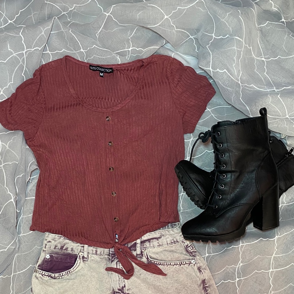 Cut top with buttons in front and tie at bottom
